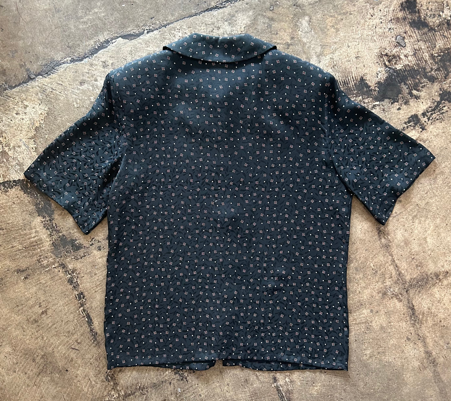 Black Patterned Silk Button Up Blouse