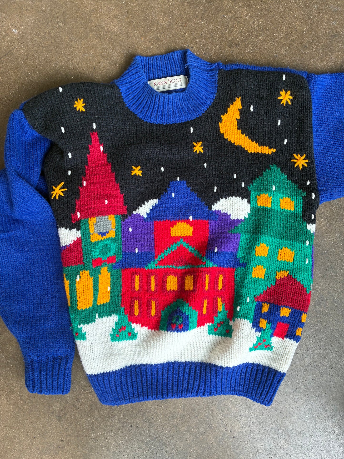 "Karen Scott" Blue + Black Knitted Long Sleeve Sweater
