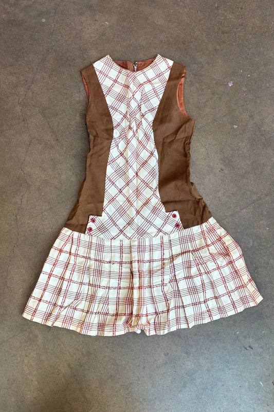 Cream + Brown Pleated Sleeveless Dress