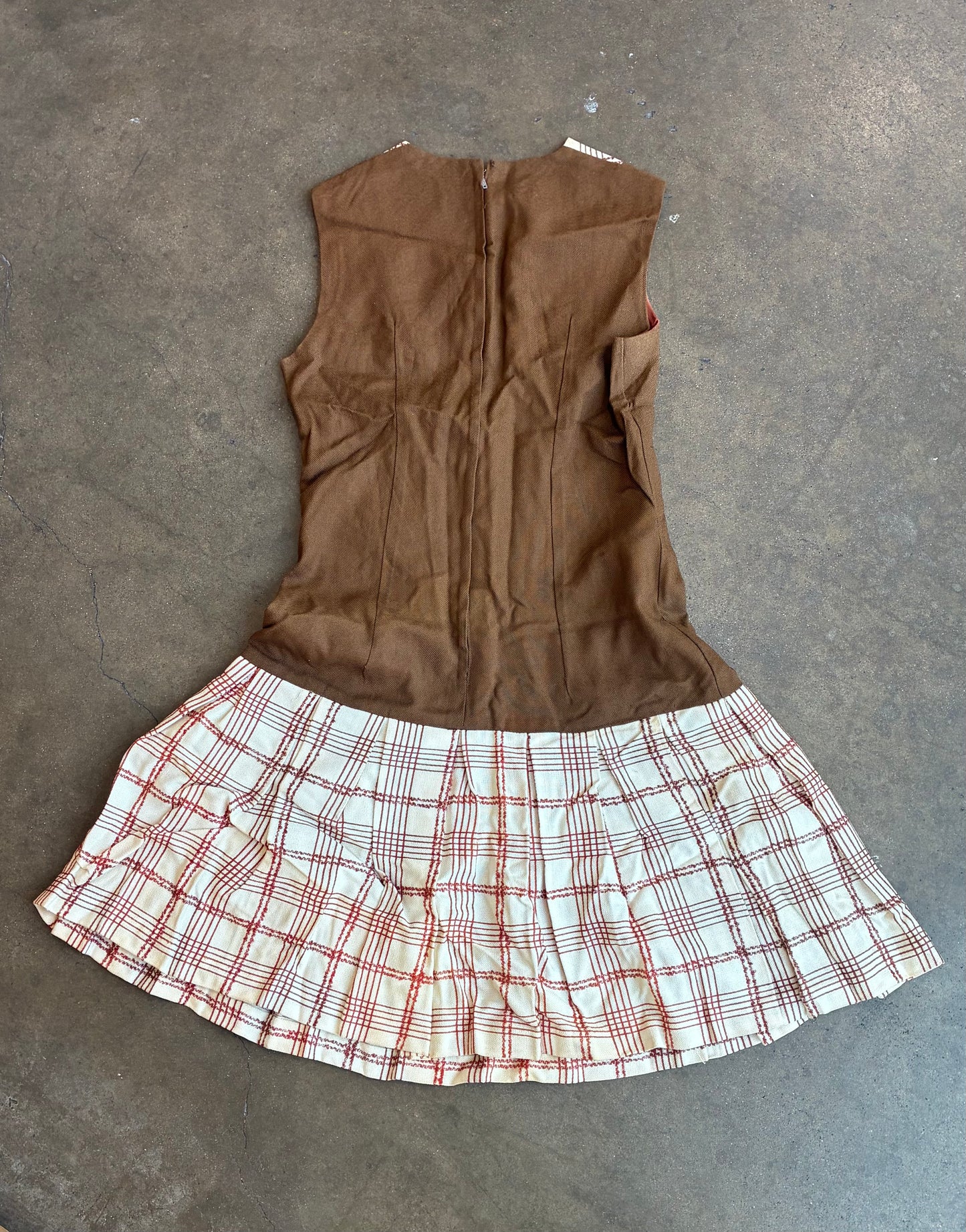Cream + Brown Pleated Sleeveless Dress