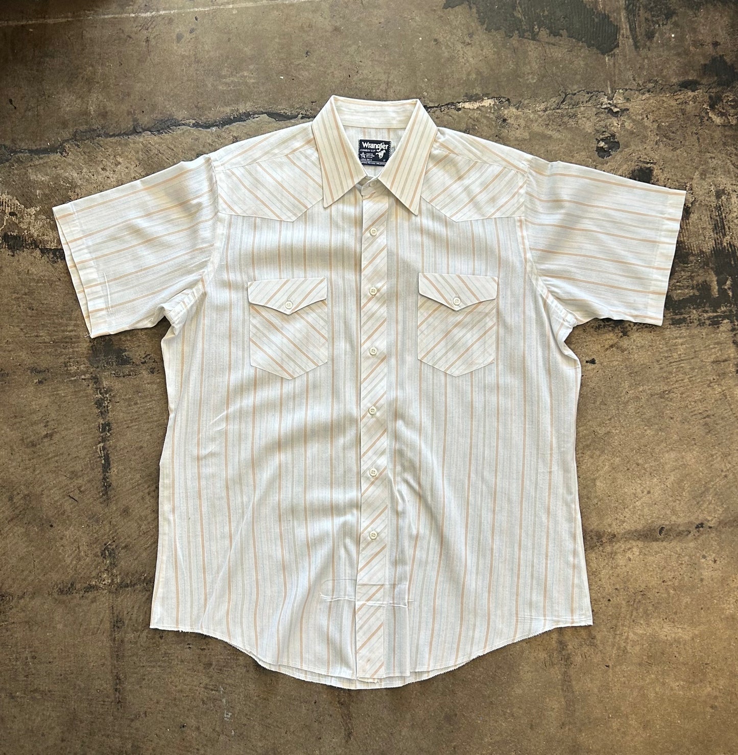 Wrangler Tan + Blue Striped Short Sleeve Button Up