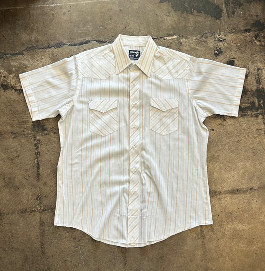 Wrangler Tan + Blue Striped Short Sleeve Button Up