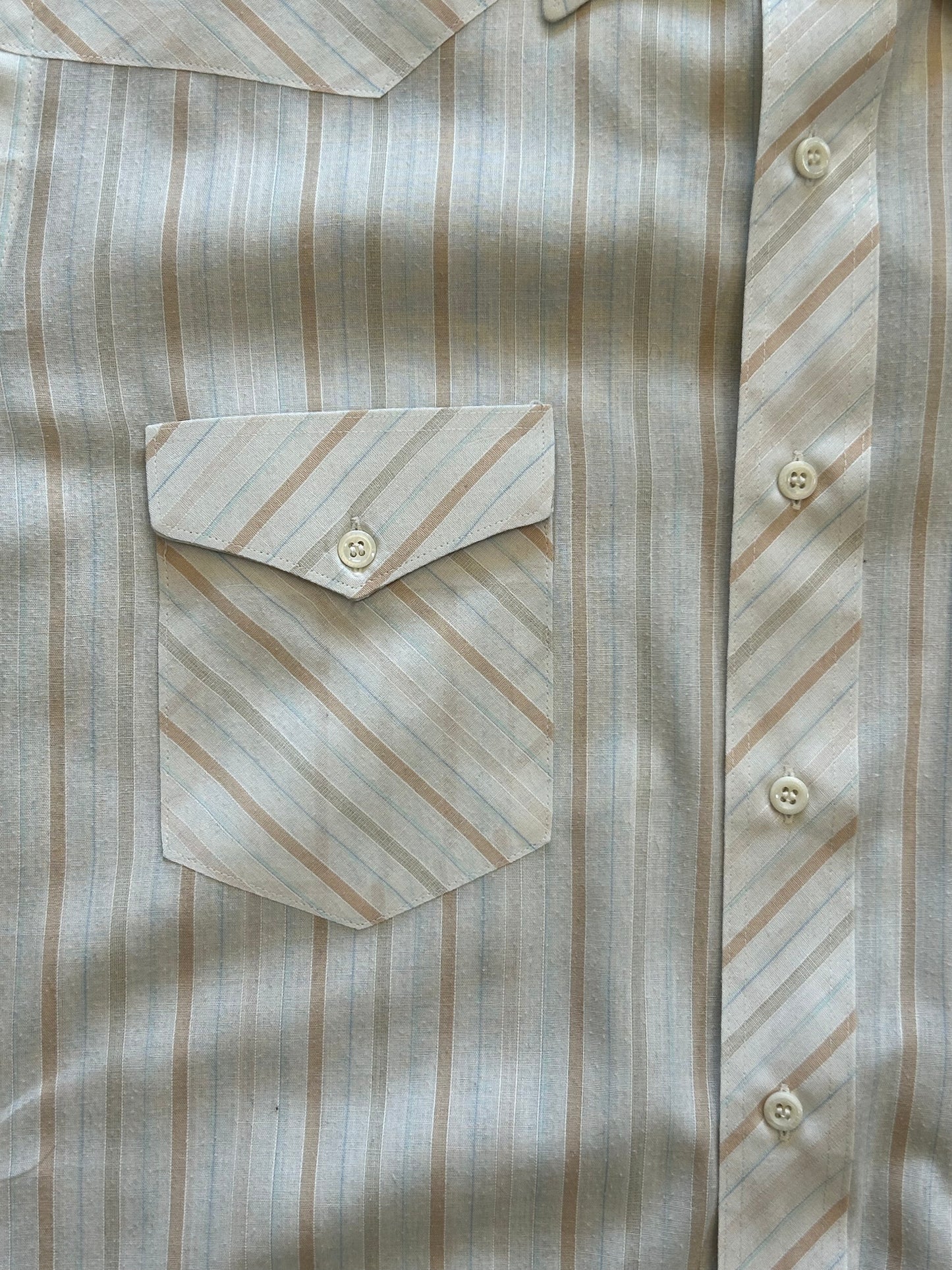 Wrangler Tan + Blue Striped Short Sleeve Button Up