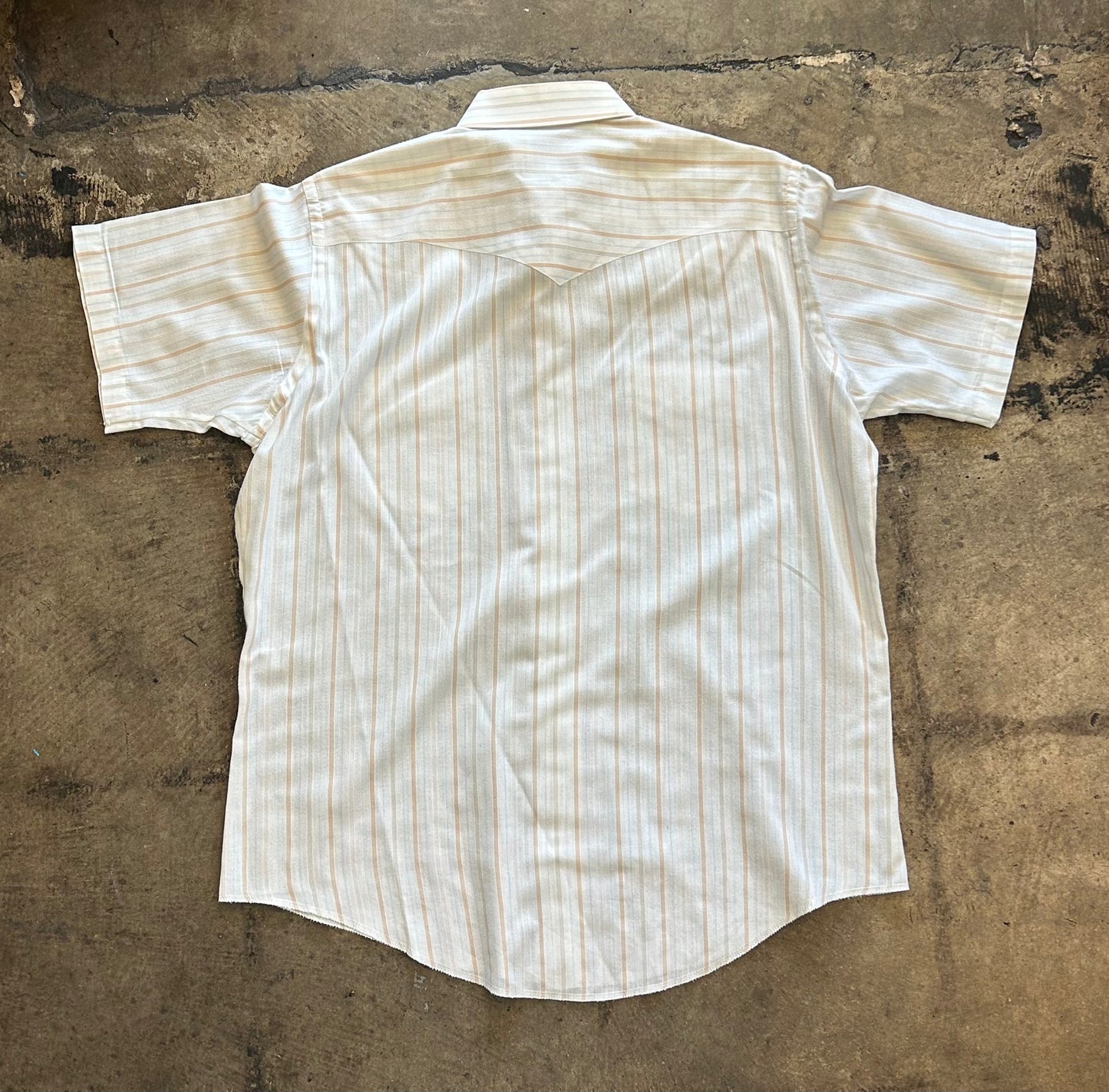 Wrangler Tan + Blue Striped Short Sleeve Button Up