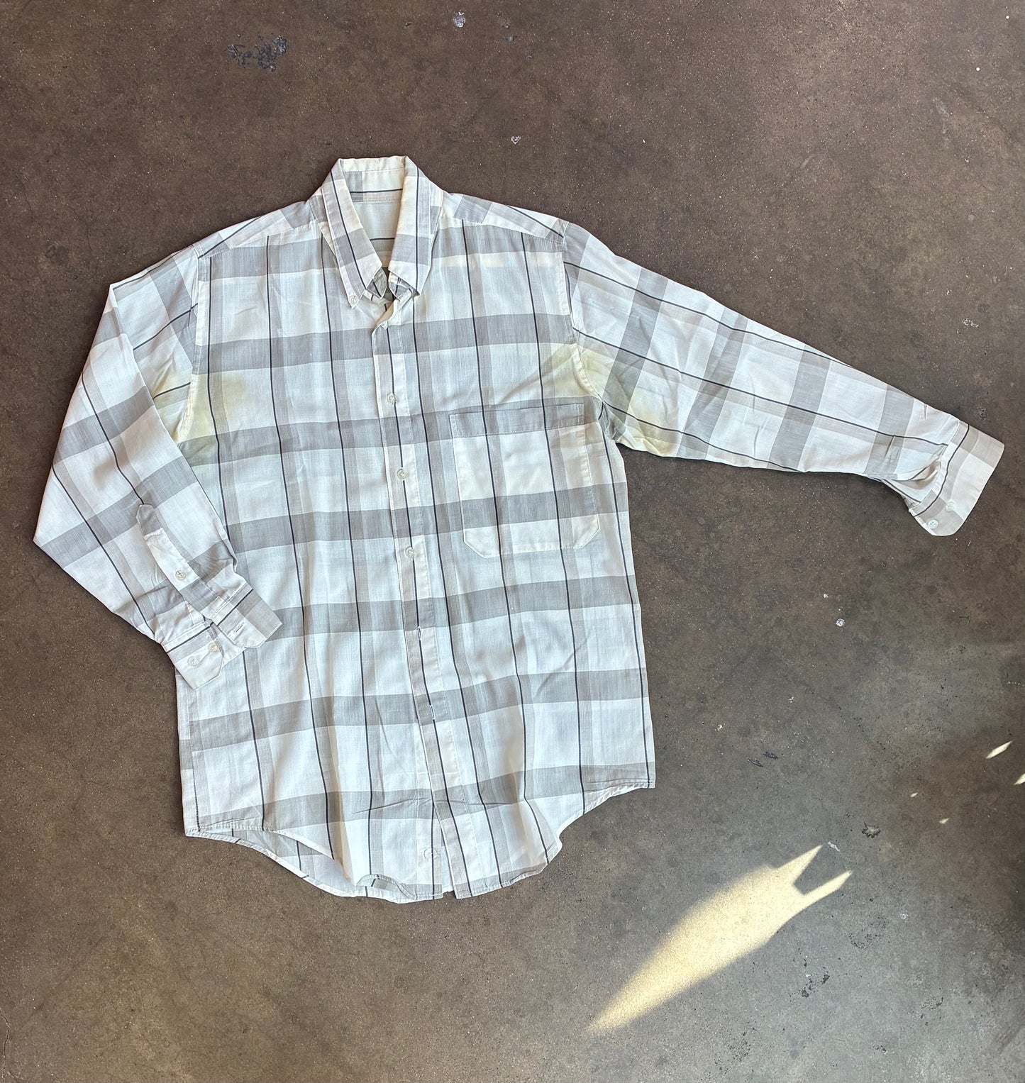 Grey + White Plaid Long Sleeve Button Up