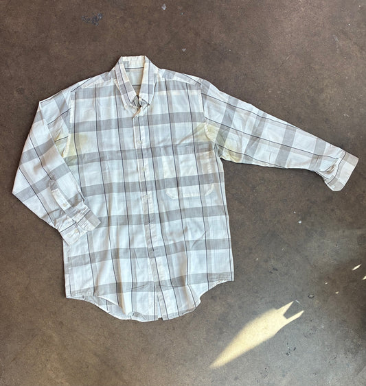 Grey + White Plaid Long Sleeve Button Up
