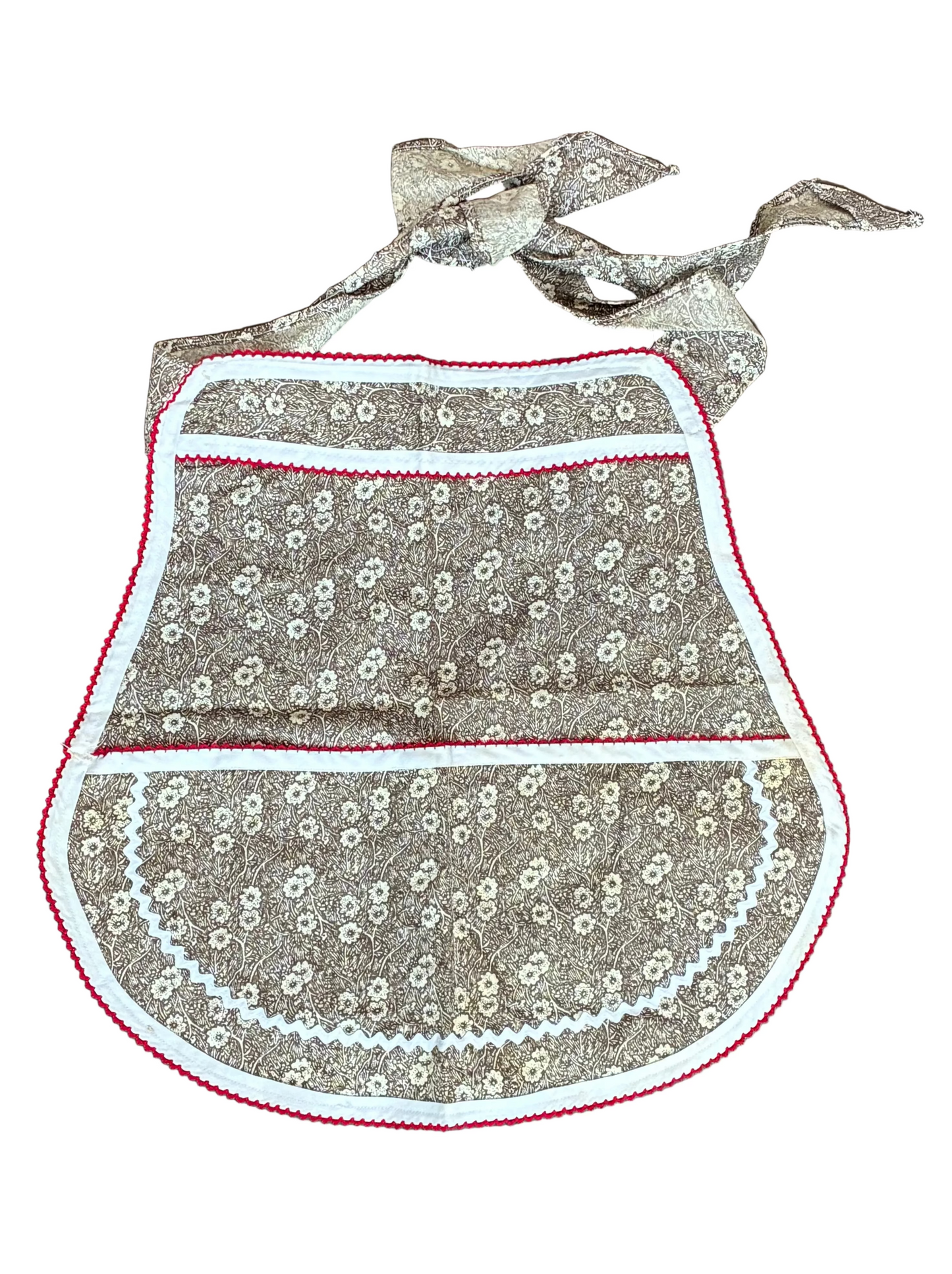 Brown Floral Apron w/ Red Trim