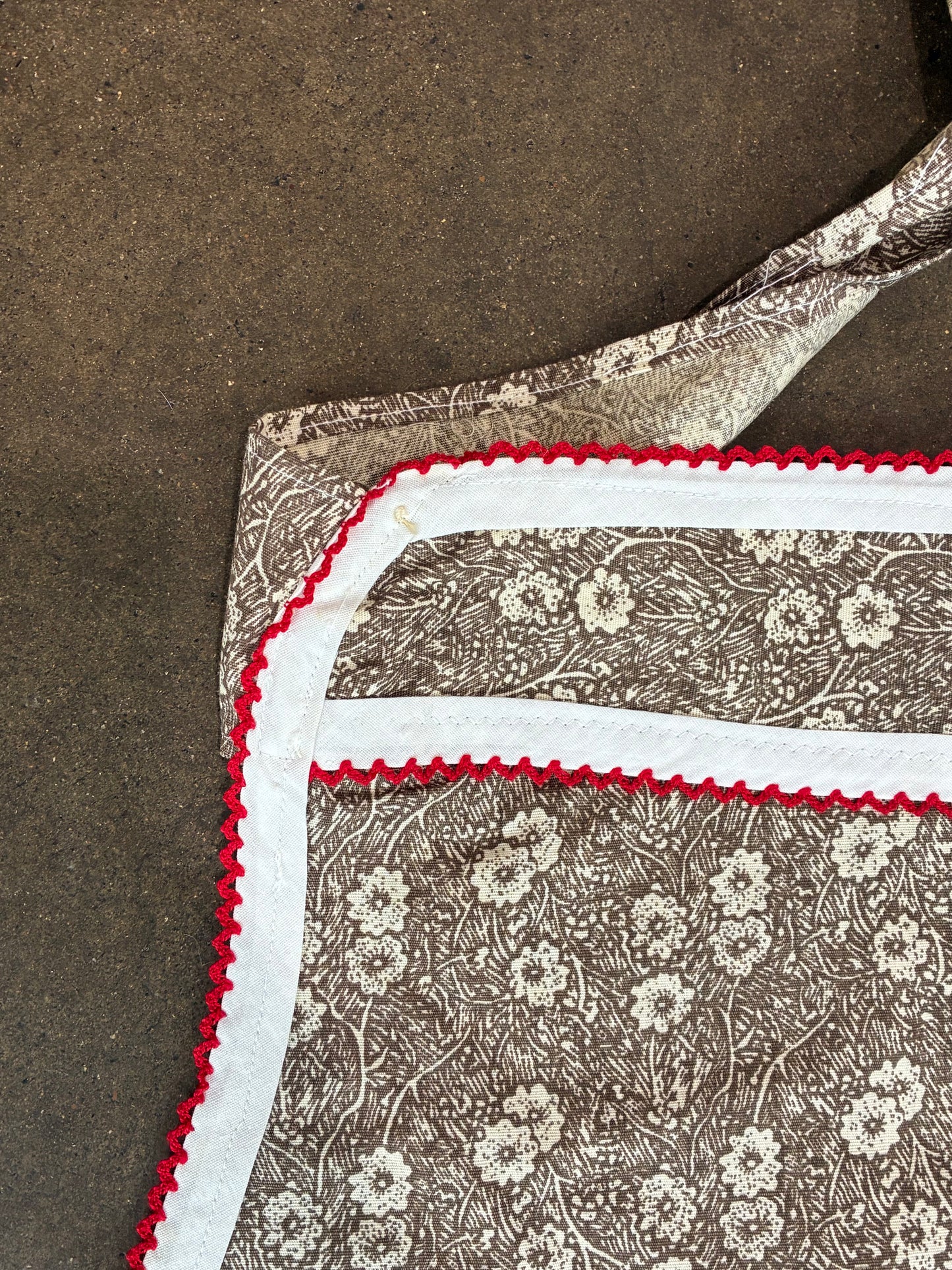 Brown Floral Apron w/ Red Trim