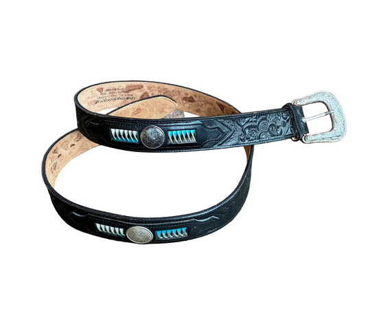 Black Leather Embossed Belt w/ Silver Accents