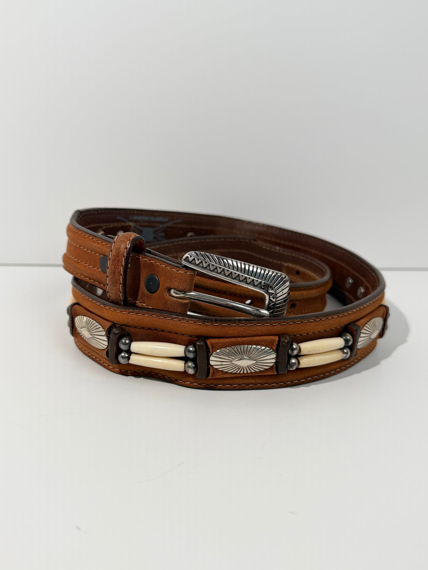Concho + Beaded Brown Leather Belt