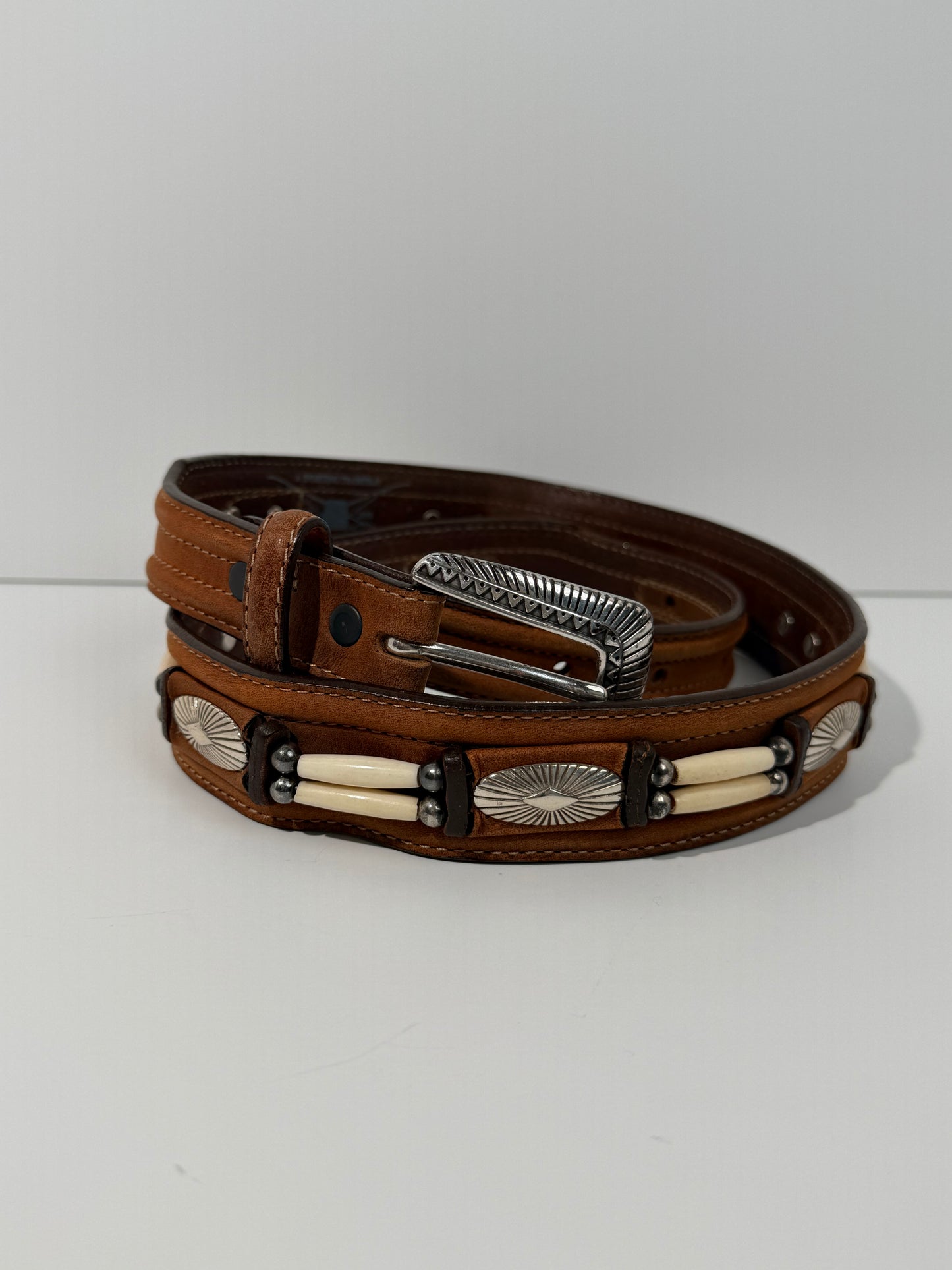Concho + Beaded Brown Leather Belt
