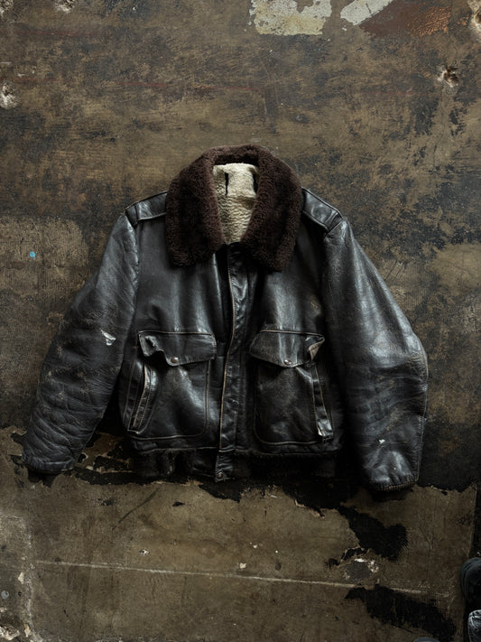 Brown Leather Aviator  Bomber Jacket