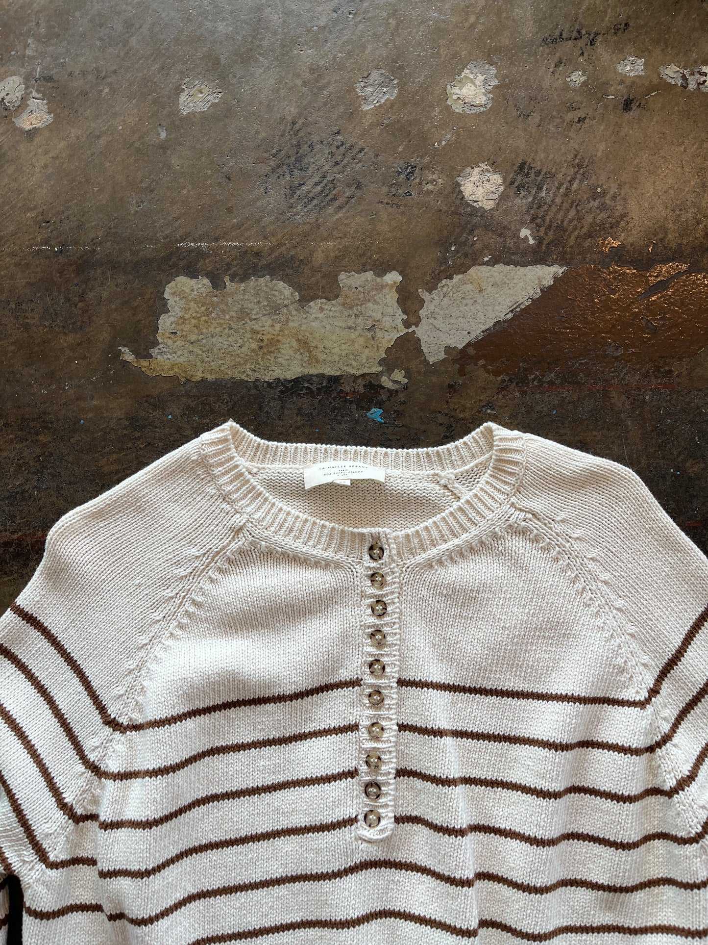 Sezane Striped Knit Henley Sweater