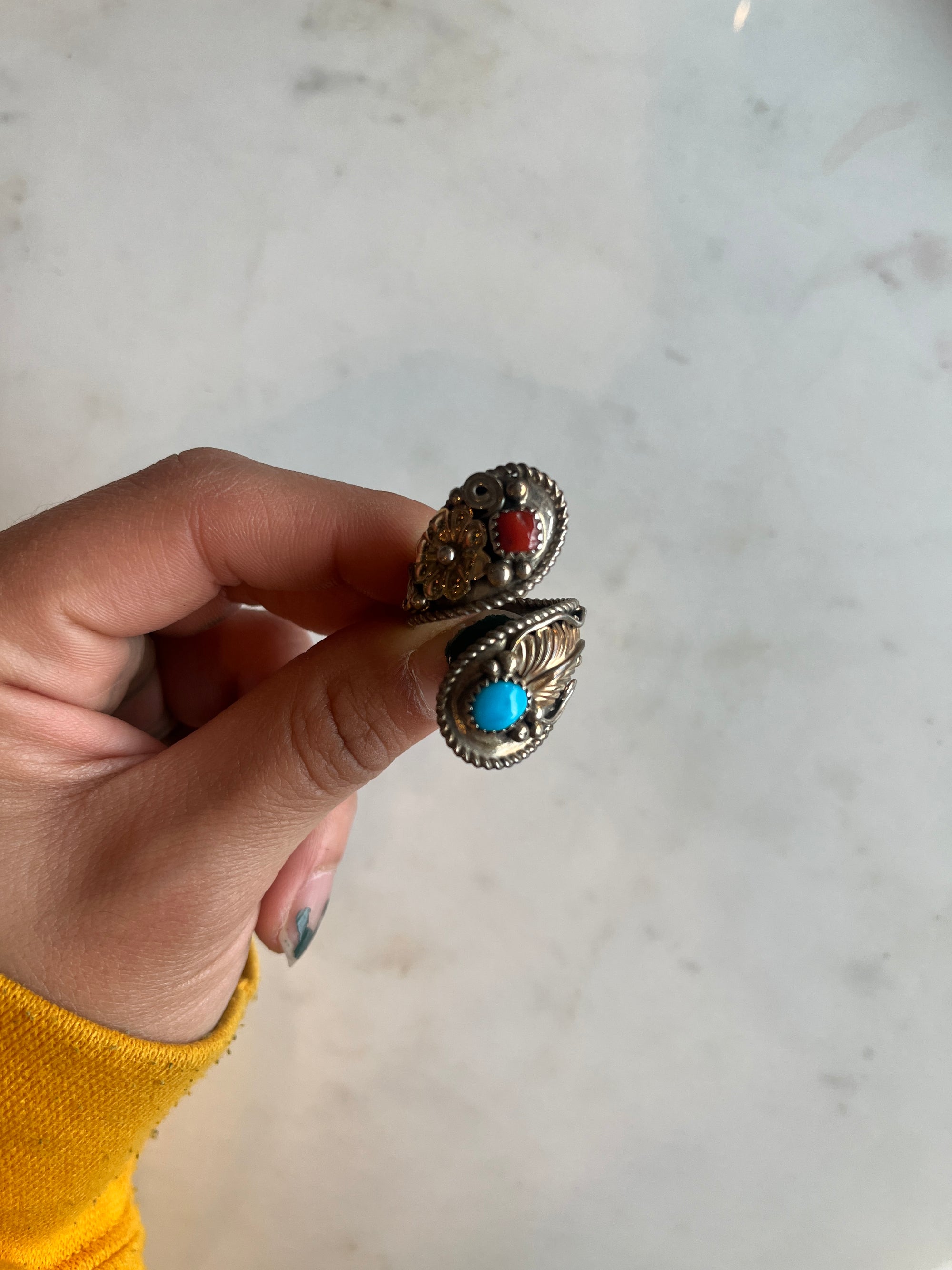 Wrapped Turquoise + Coral Silver Ring