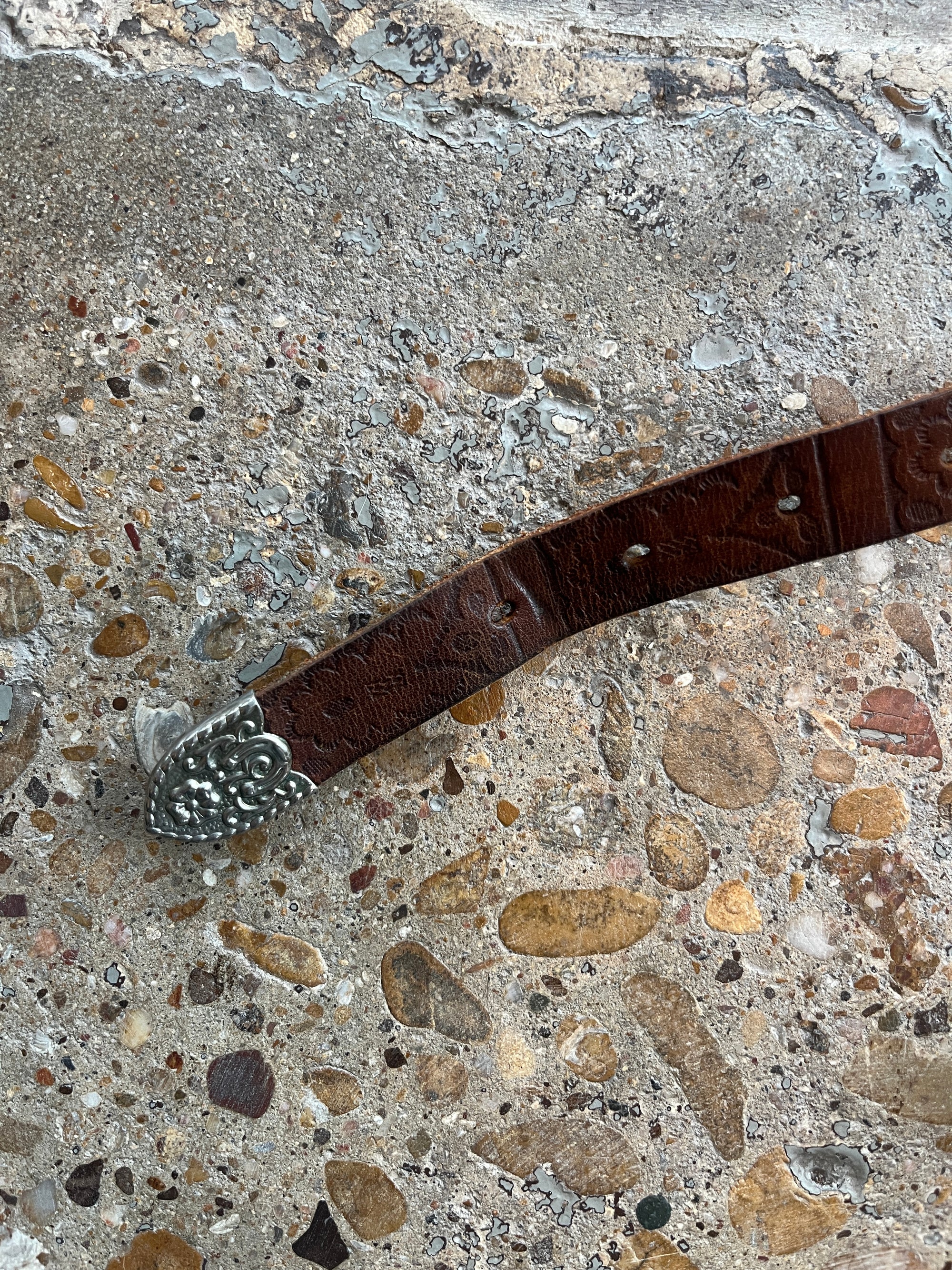 Thin Dark Brown Patterned Leather Belt