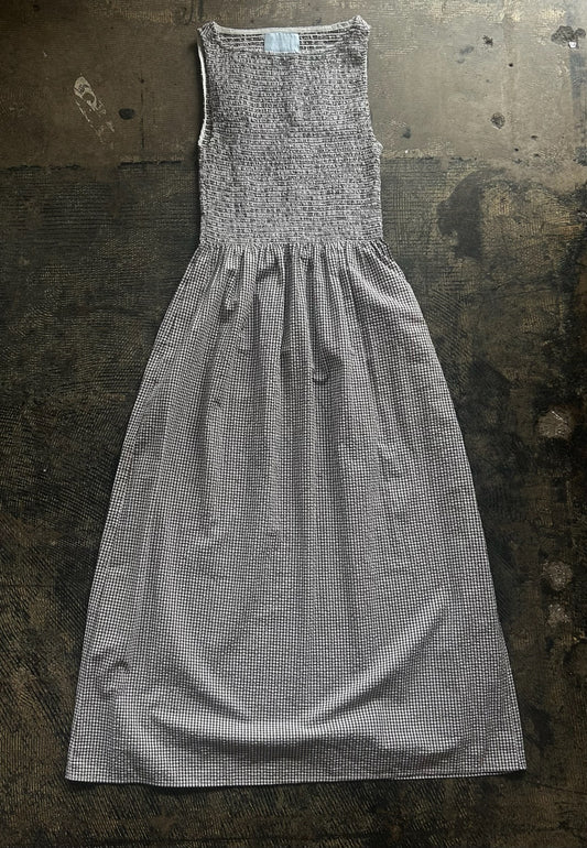 Brown Gathered Gingham Maxi Dress
