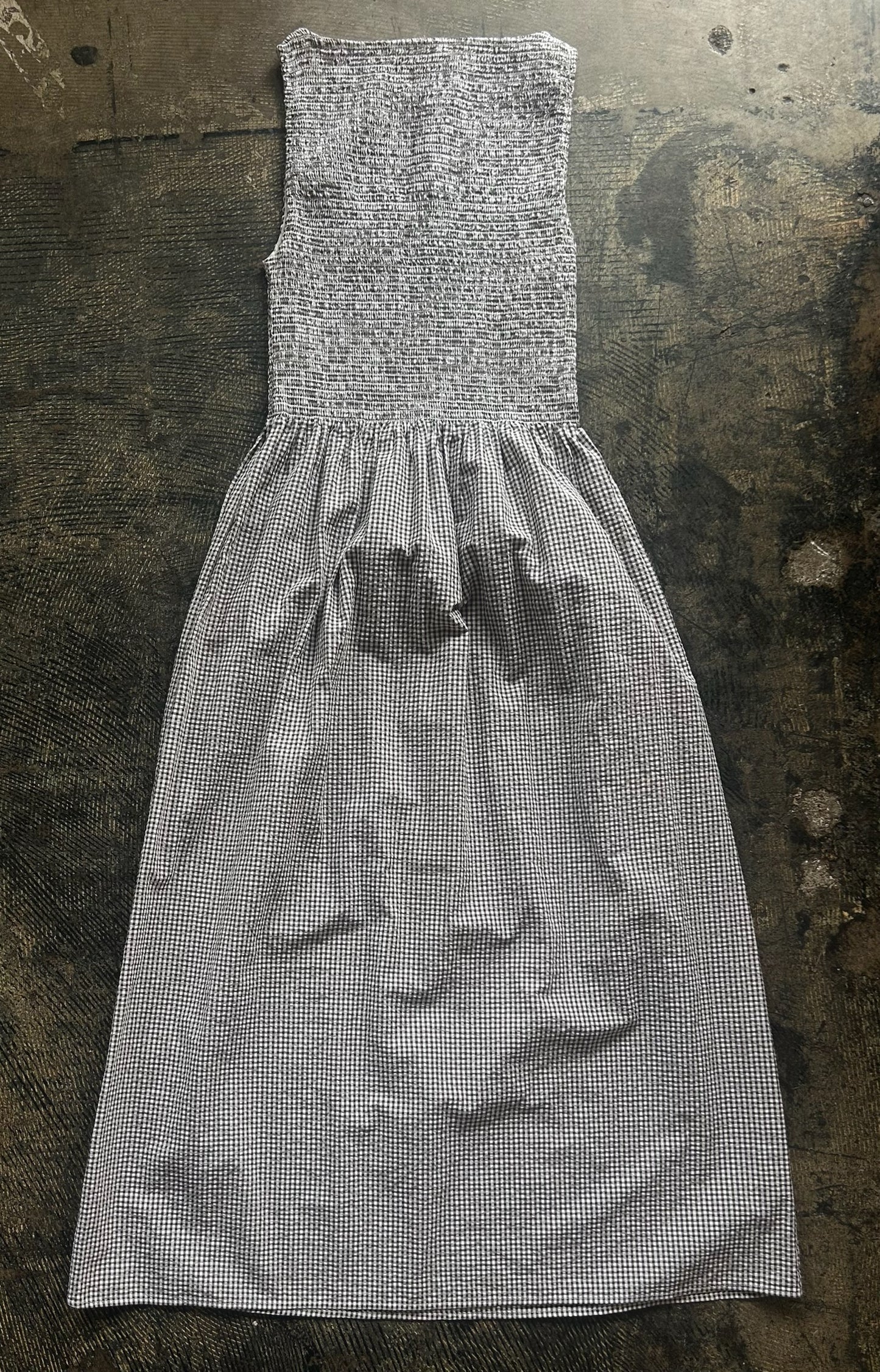 Brown Gathered Gingham Maxi Dress