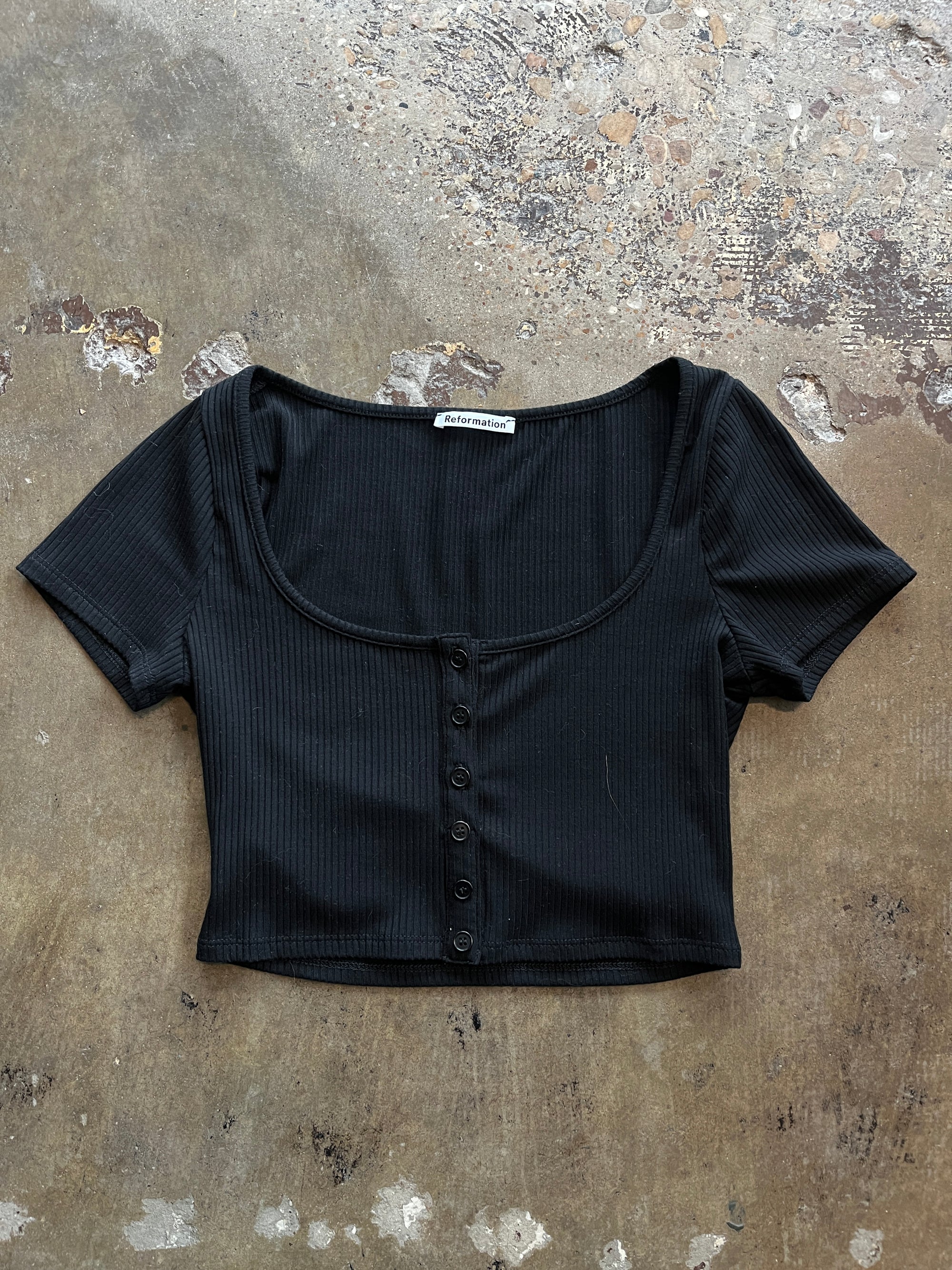 Reformation Black Button Front Ribbed Crop Top