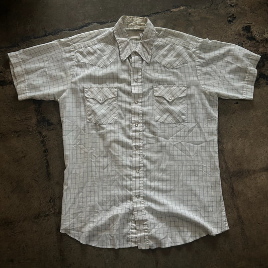 White + Blue Plaid Short Sleeve Pearl Snap