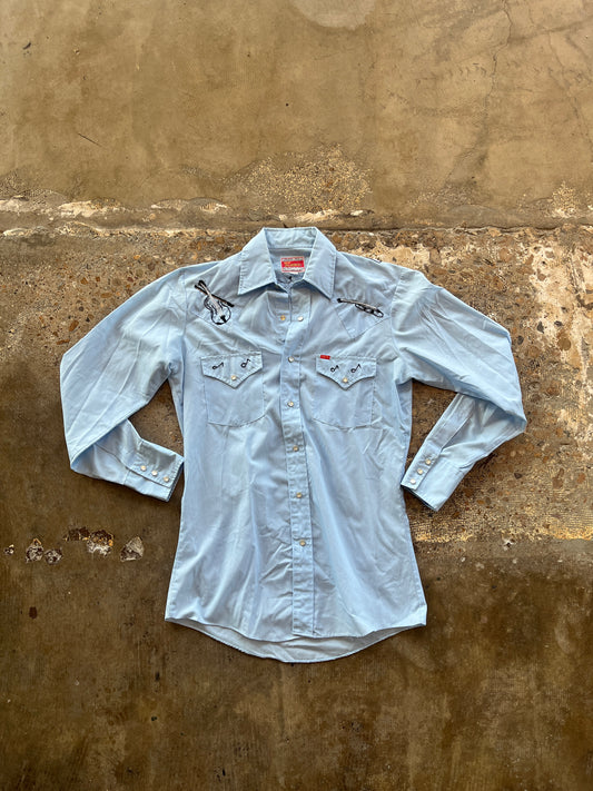Ely Plains Blue Music Embroidered Pearl Snap