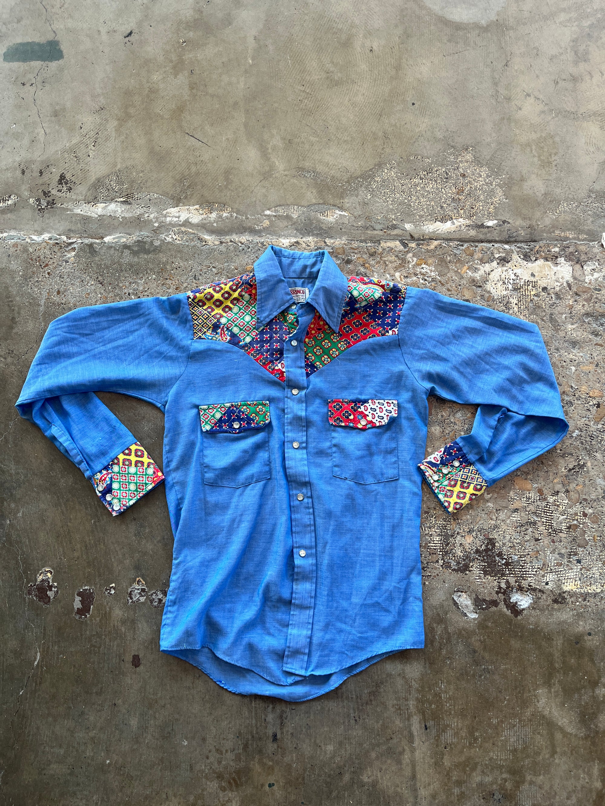 Bronco Patchwork Chambray Pearl Snap