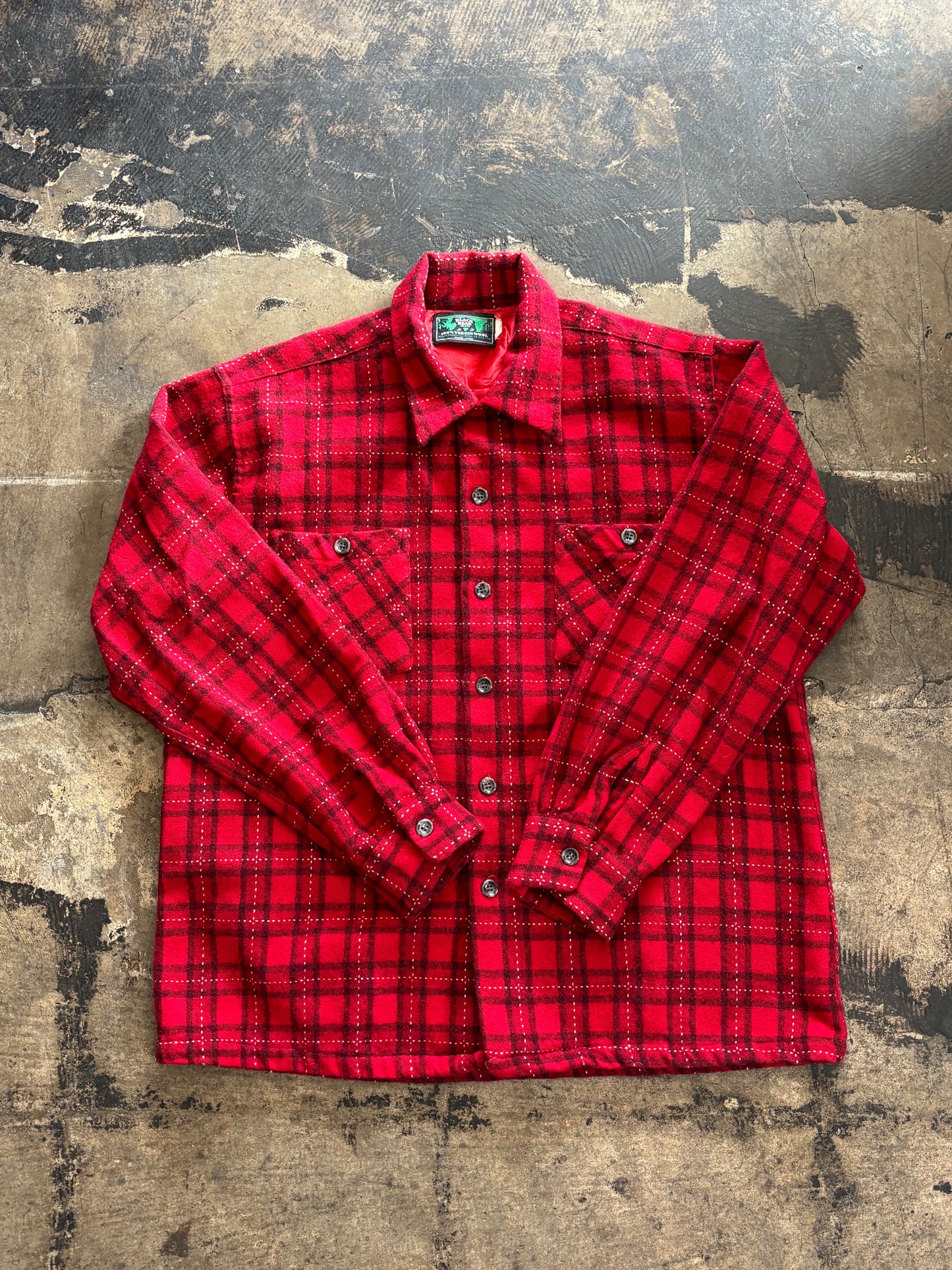 Red Plaid Black Bear Wool Button Up