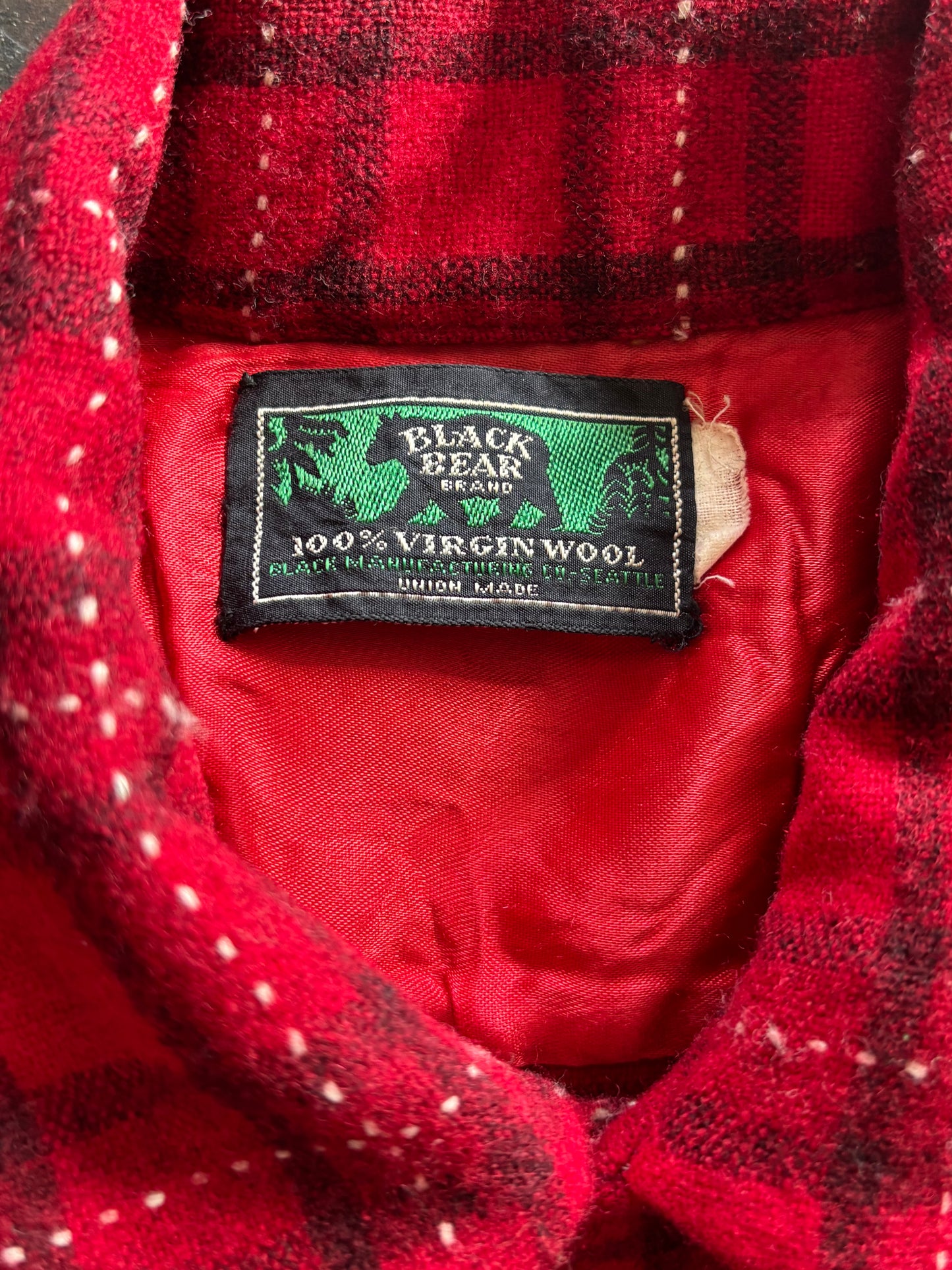 Red Plaid Black Bear Wool Button Up