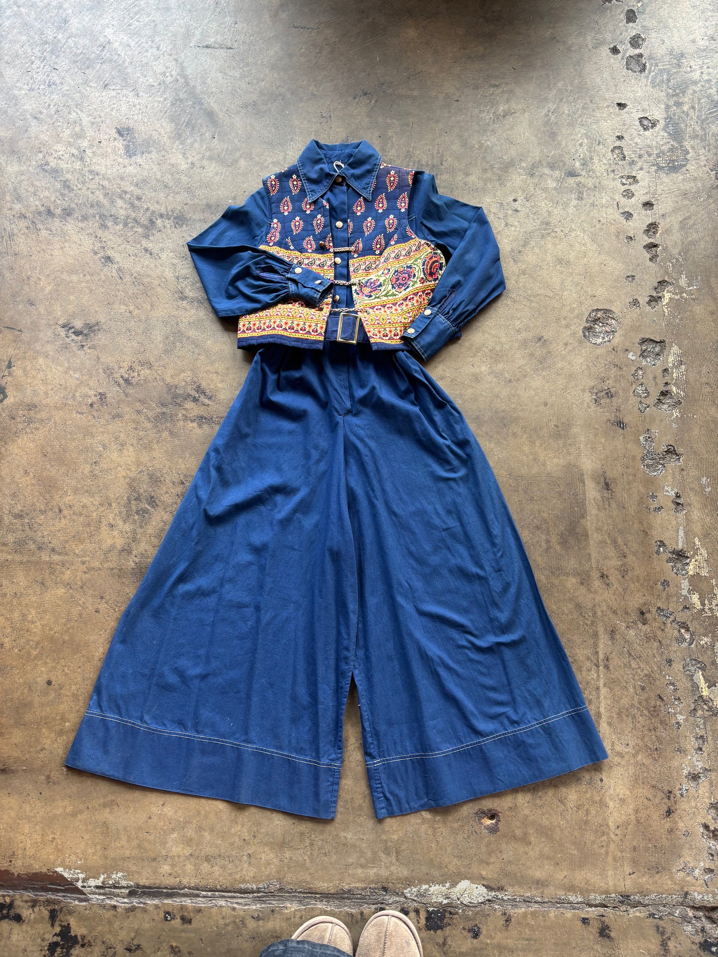 Handmade Belted Blue Jumpsuit/Vest Set
