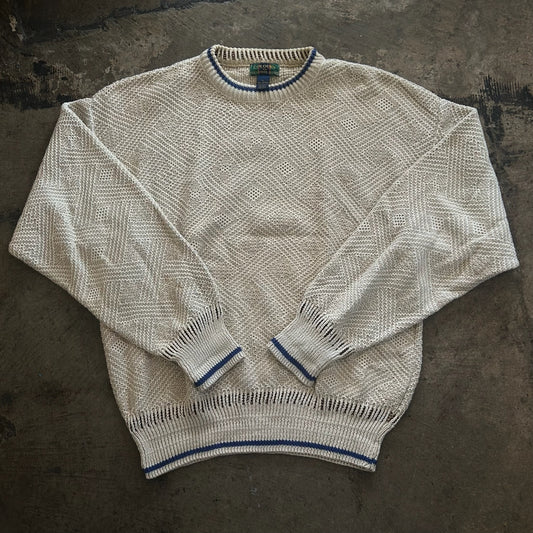 Tan Patterned Blue Trim Knit Sweater