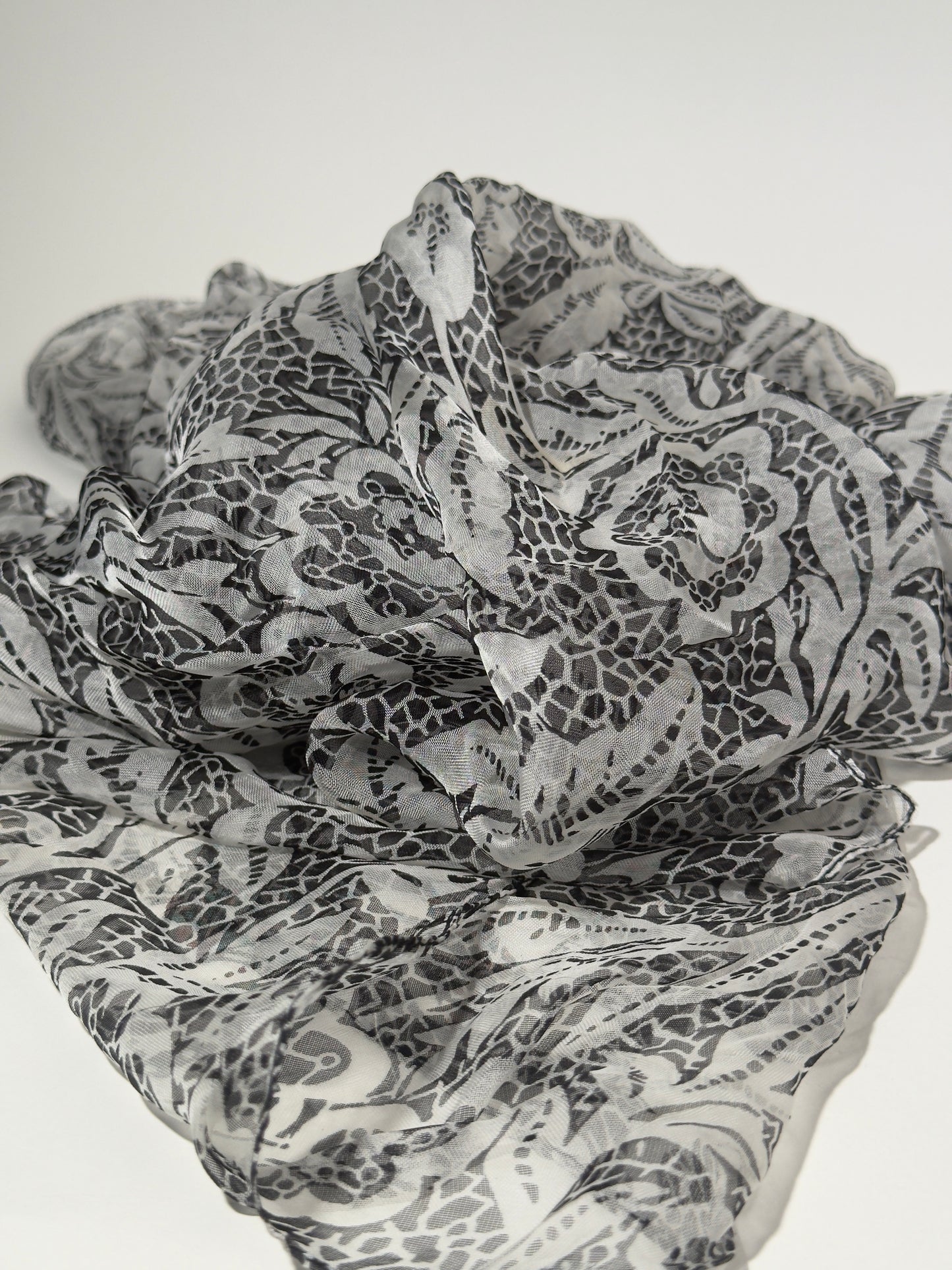 Sheer Black + White Floral Print Scarf
