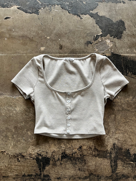 Reformation Oatmeal Front Button Crop Top