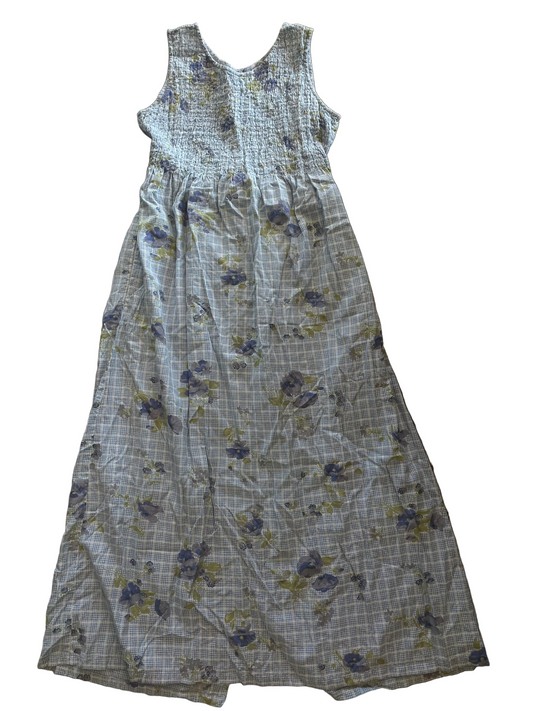 Blue Gingham Floral Print Dress