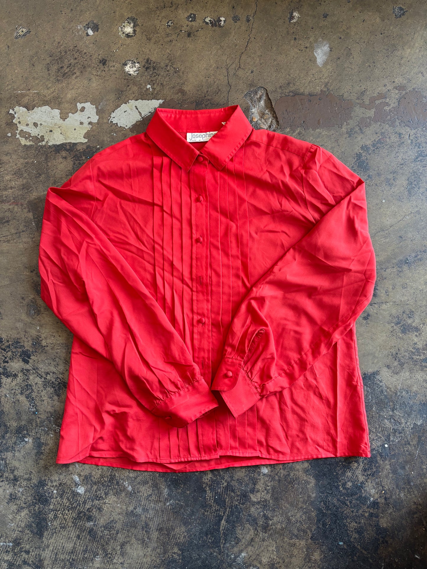 Red Pleated Front Button Up Blouse