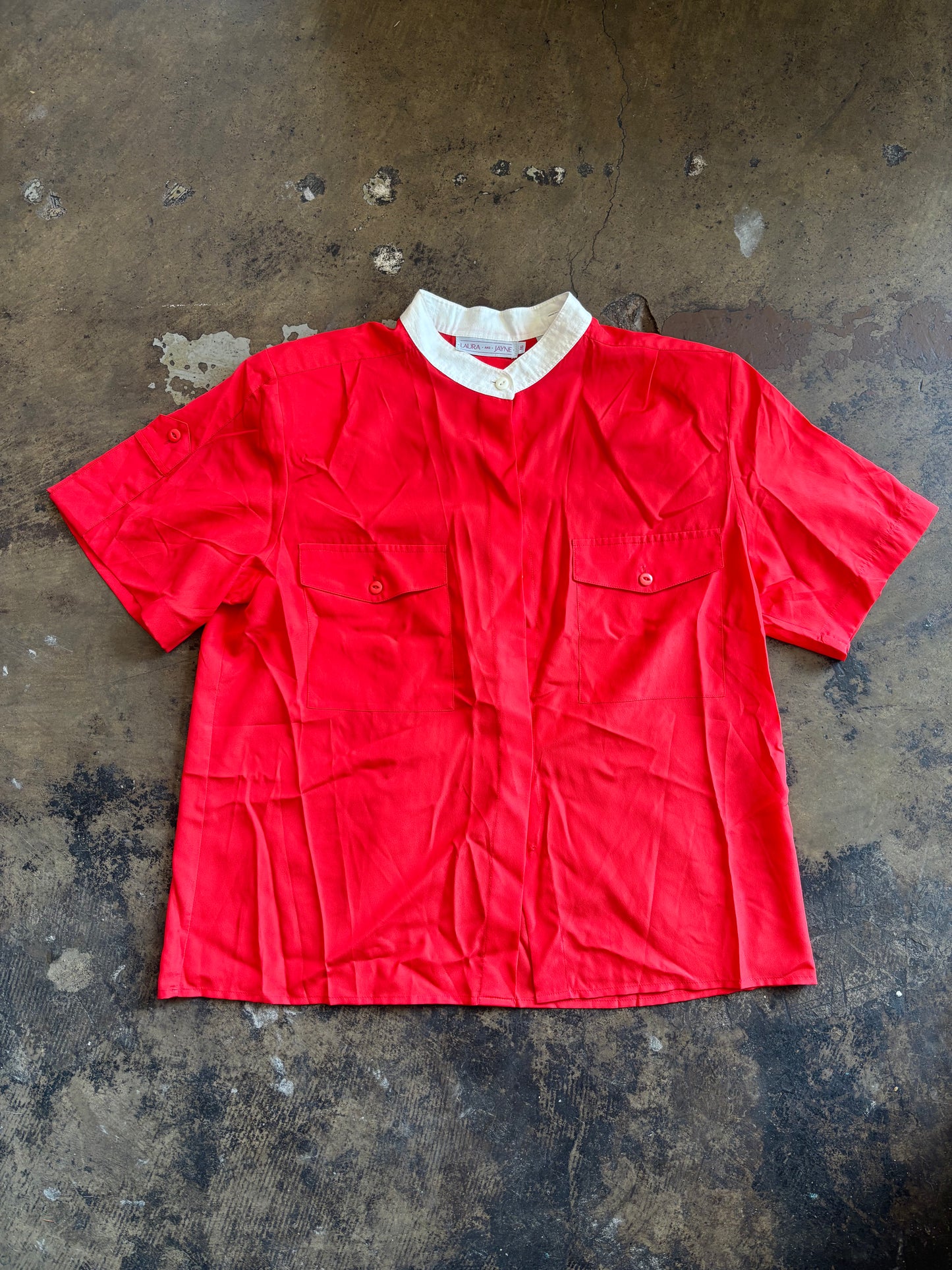 Red Short Sleeve Button Up Blouse with White Collar