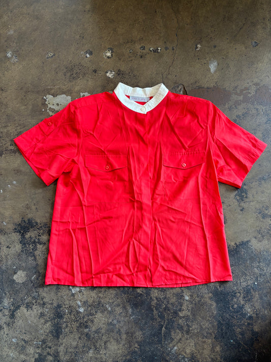Red Short Sleeve Button Up Blouse with White Collar