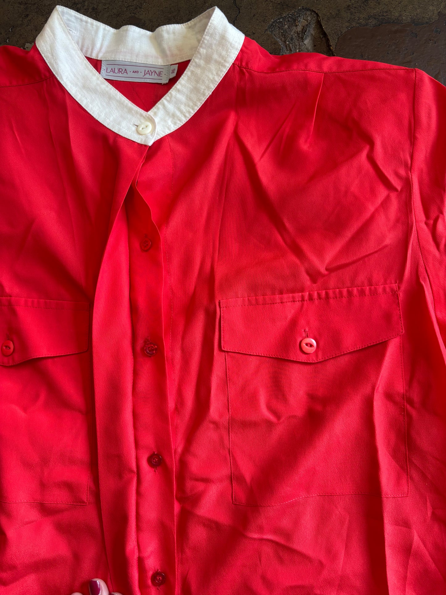 Red Short Sleeve Button Up Blouse with White Collar