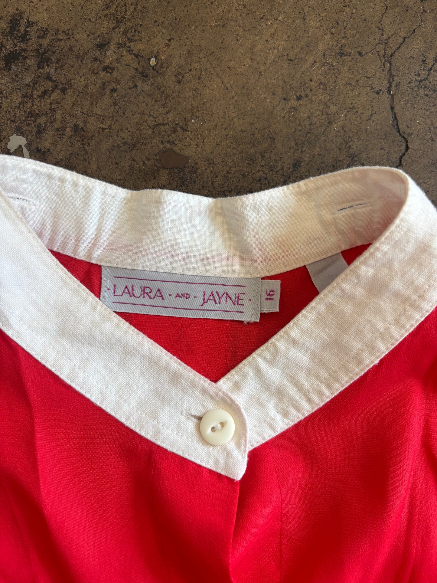 Red Short Sleeve Button Up Blouse with White Collar