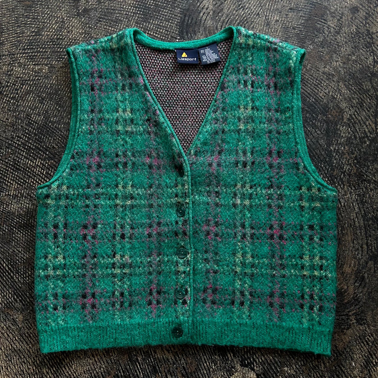 Green Plaid Button Front Sweater Vest