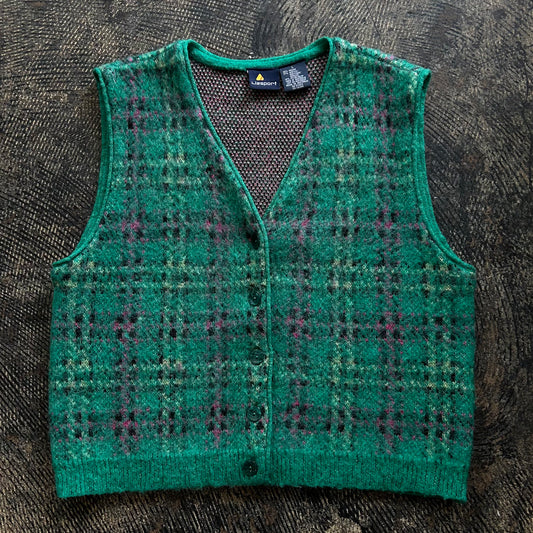 Green Plaid Button Front Sweater Vest