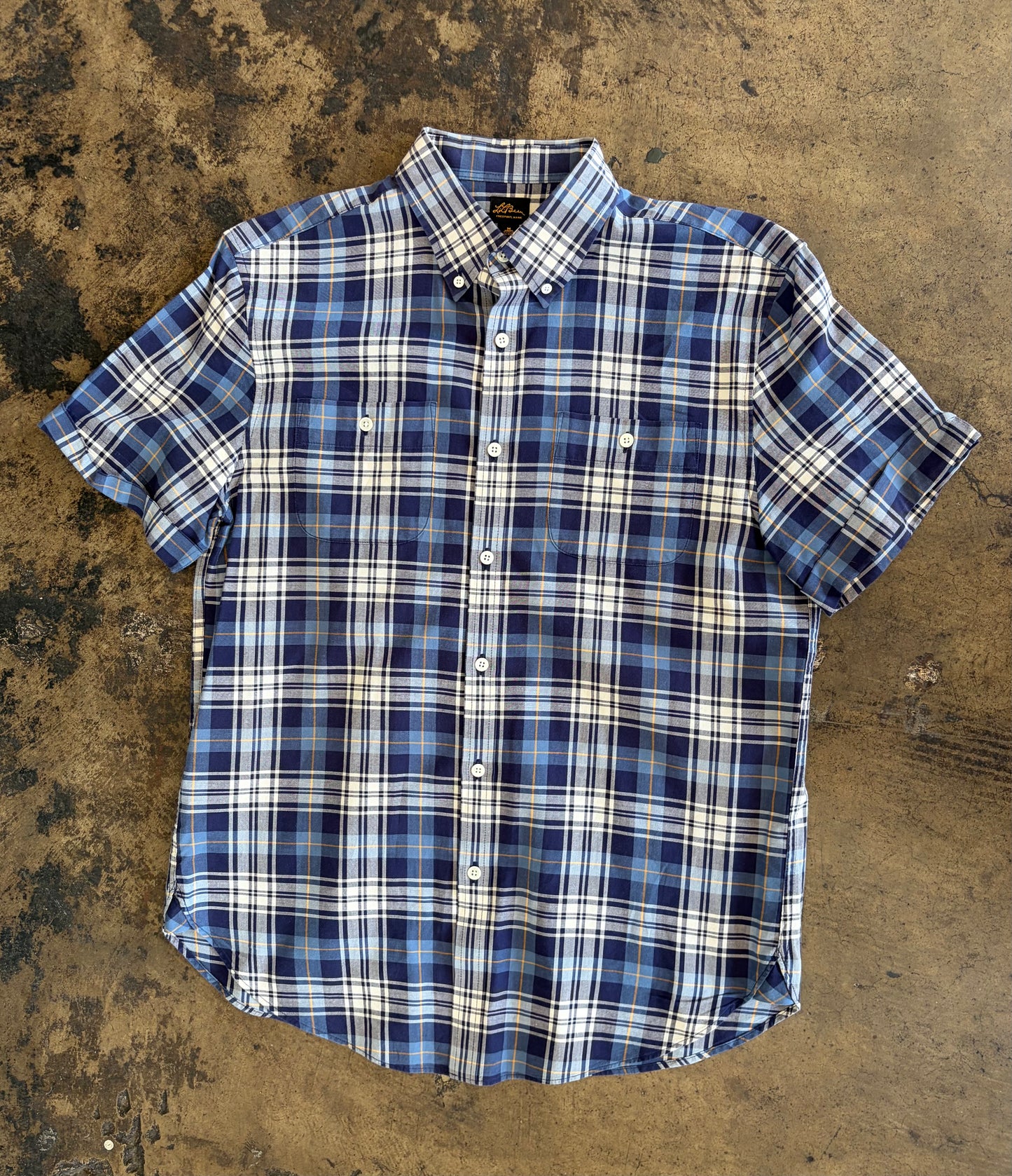 Blue + Yellow LL Bean Plaid Short Sleeve Button Up