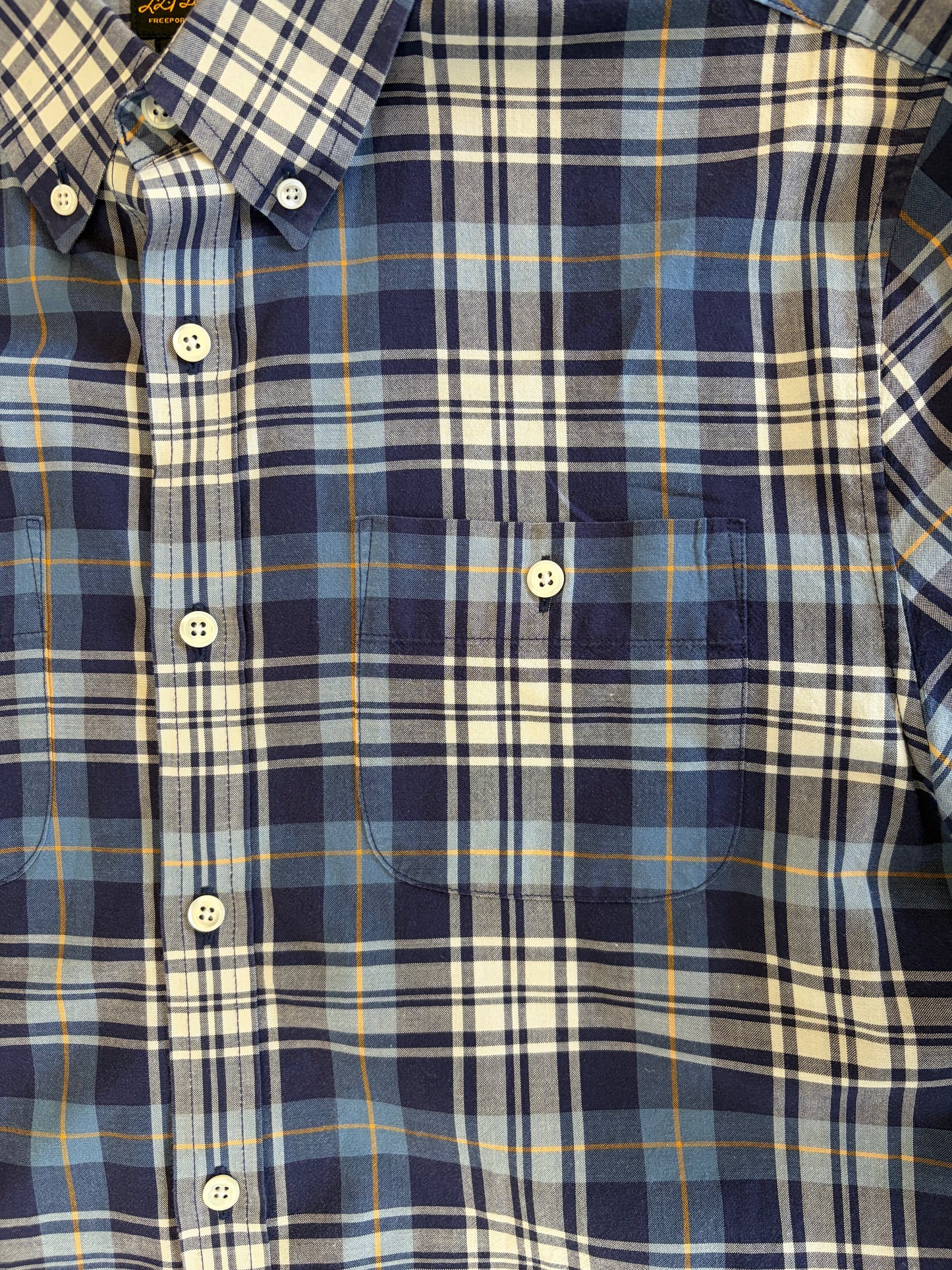 Blue + Yellow LL Bean Plaid Short Sleeve Button Up