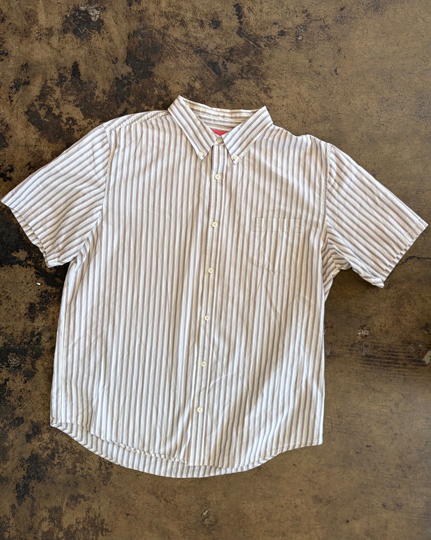 White + Maroon Stripe Short Sleeve Button Up