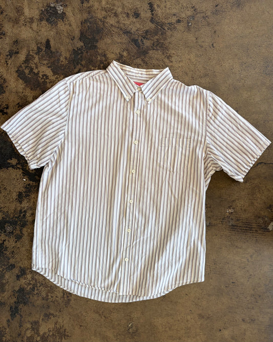 White + Maroon Stripe Short Sleeve Button Up