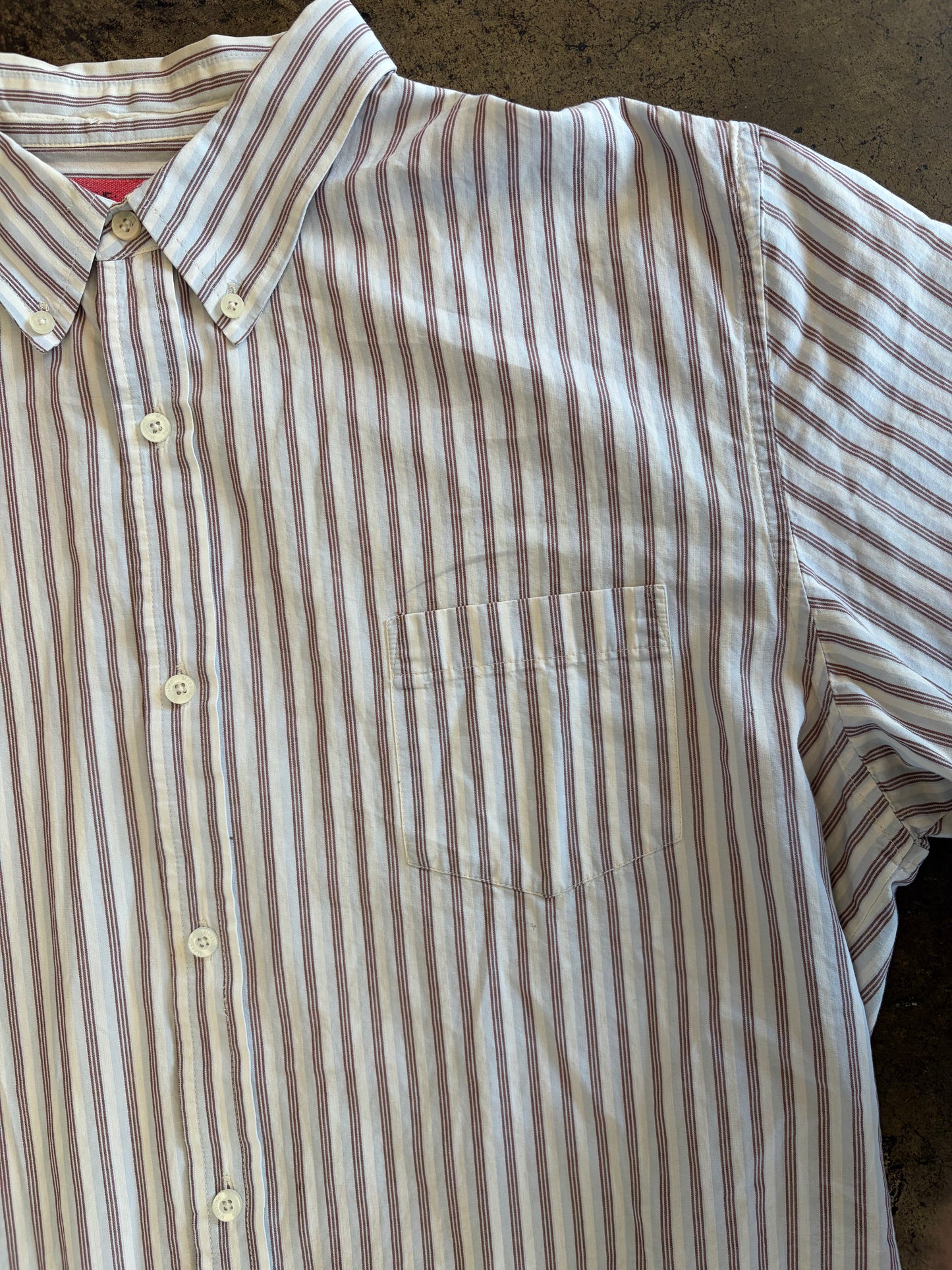 White + Maroon Stripe Short Sleeve Button Up