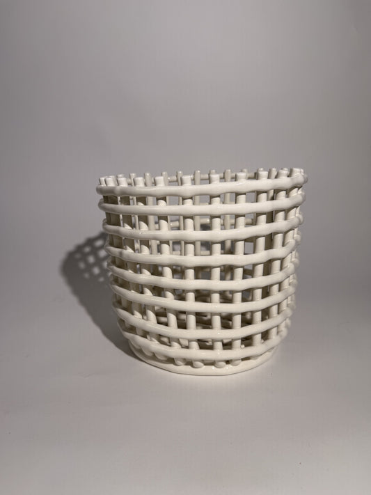 Tall White Ceramic Basketweave Bowl