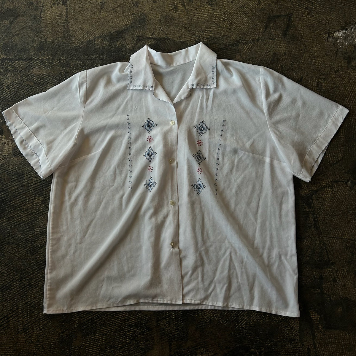 White Blue + Red Cross Stitch Short Sleeve Button Up
