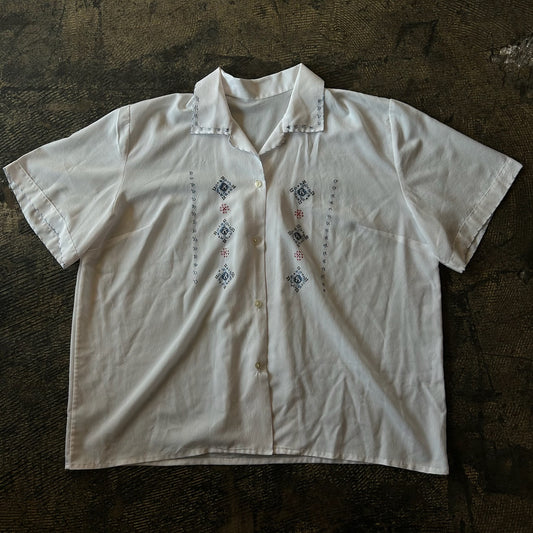 White Blue + Red Cross Stitch Short Sleeve Button Up