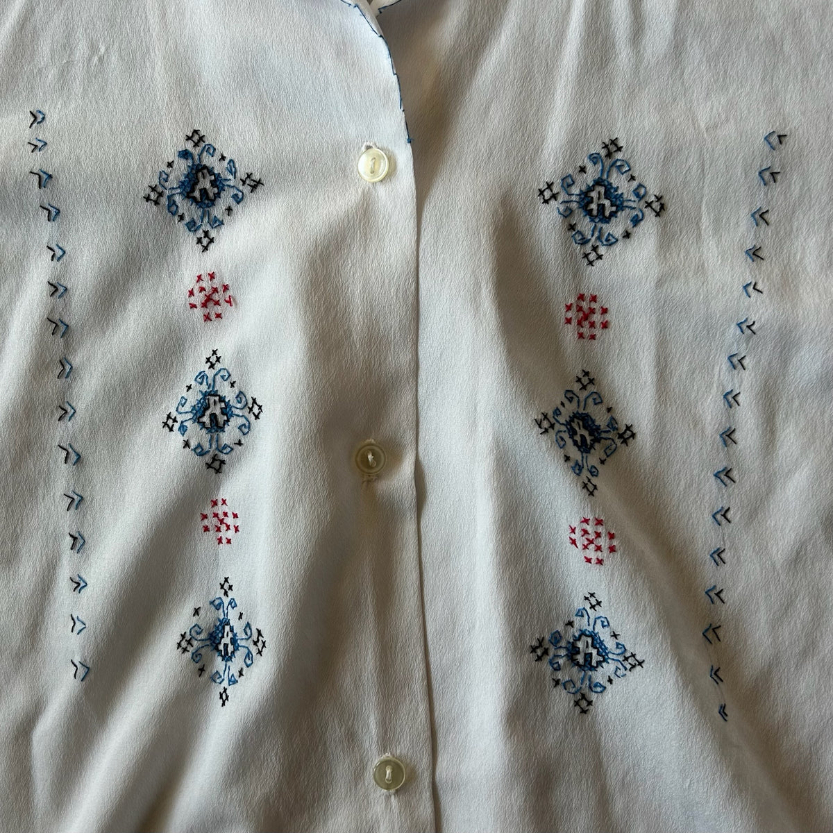 White Blue + Red Cross Stitch Short Sleeve Button Up