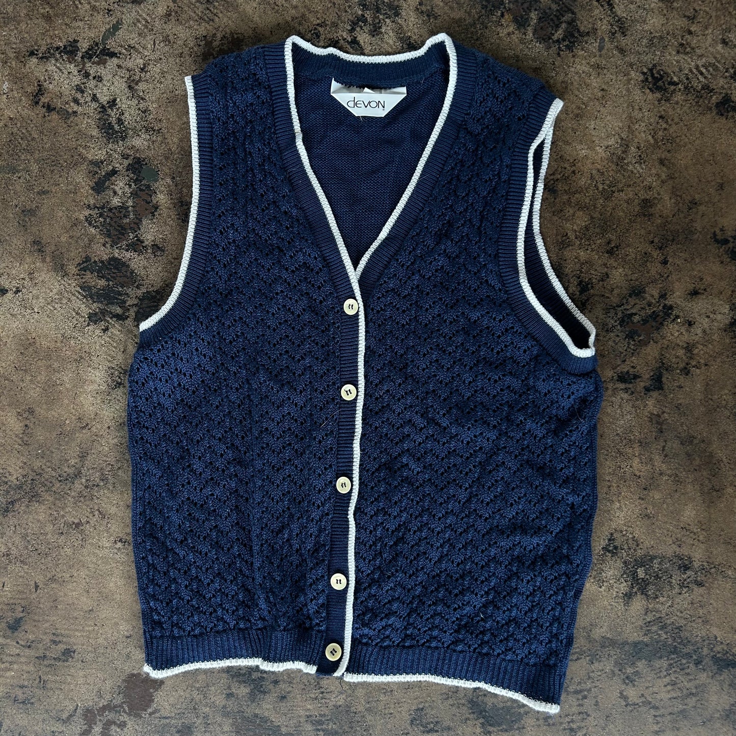 White Trim Navy Button Front Sweater Vest