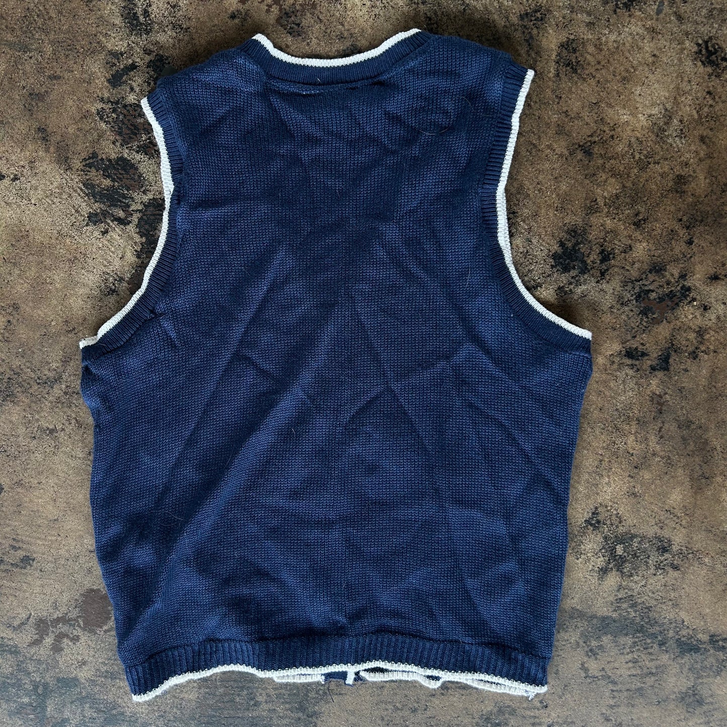 White Trim Navy Button Front Sweater Vest